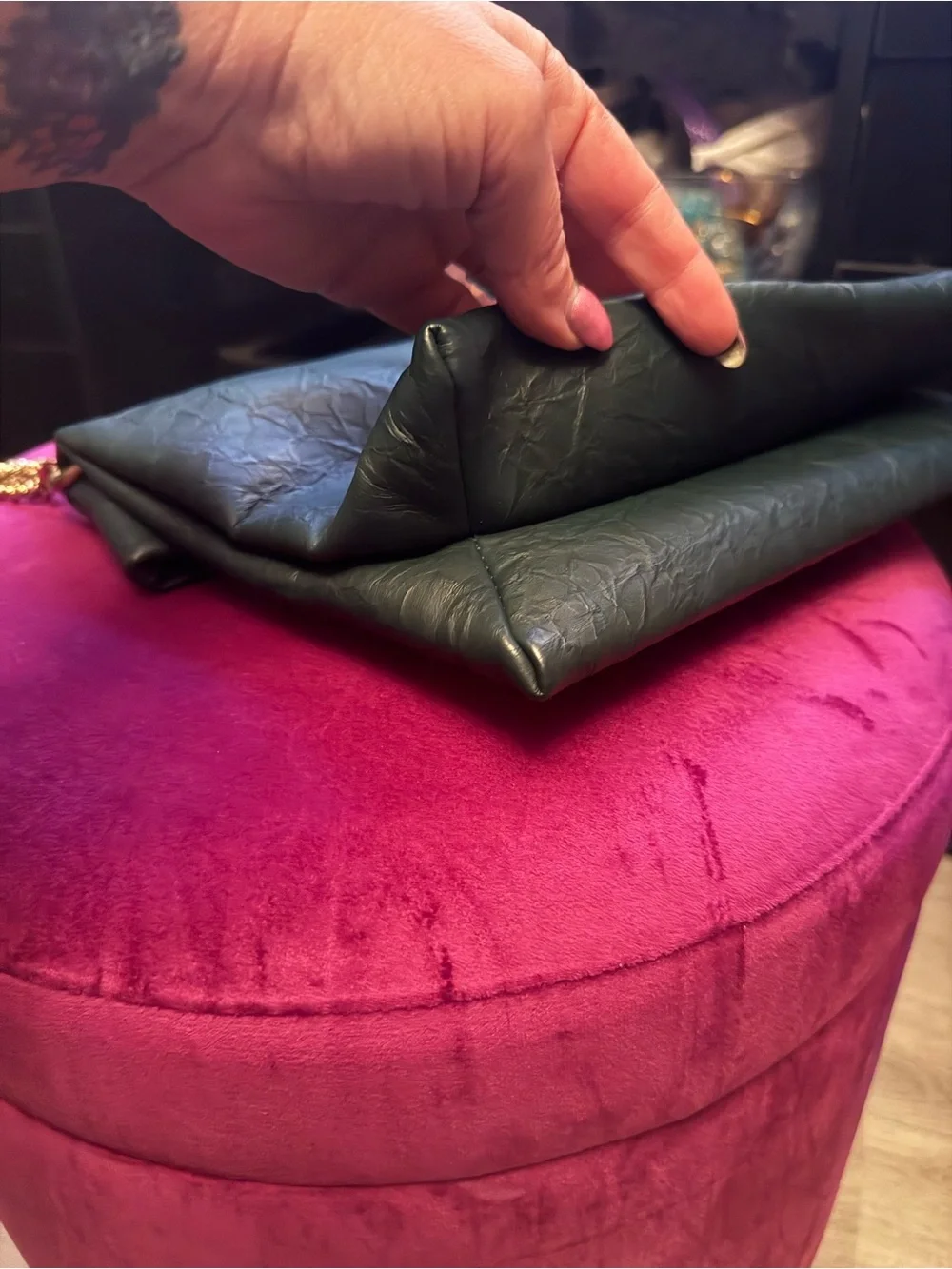 Anthropologie Dark Green Fold-Over Crossbody with Gold Chain Strap - Picture 7 of 11